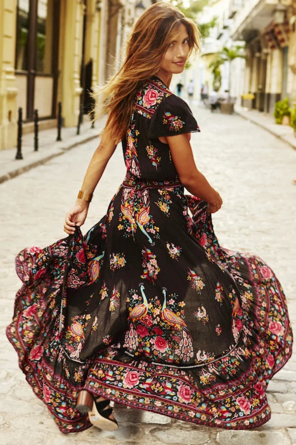 Women's Black Boho Chic Floral Dress