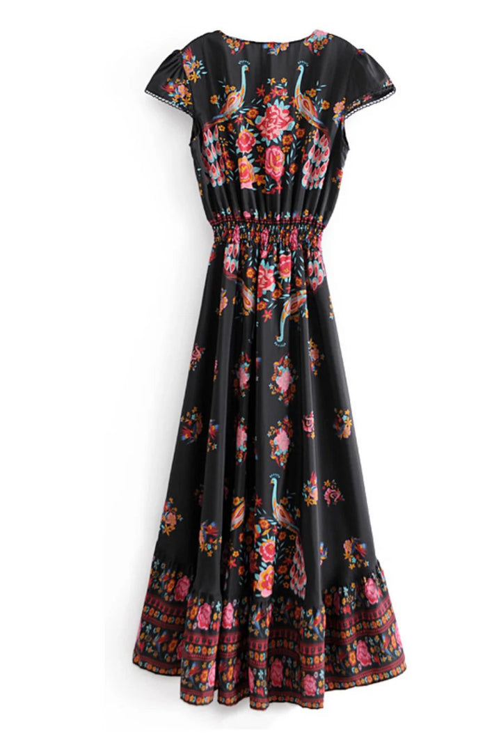 Women's Black Boho Chic Floral Dress