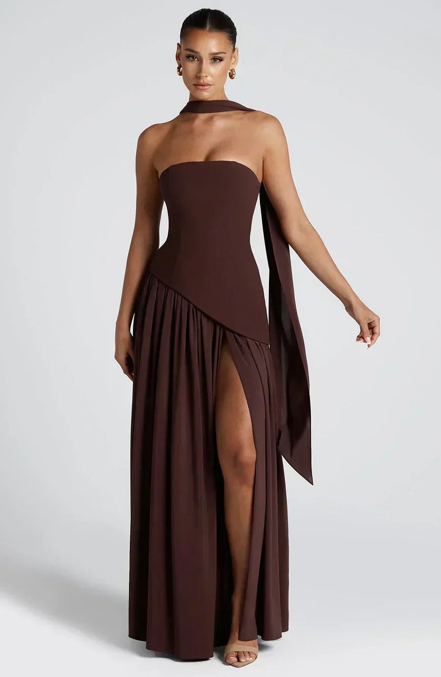 Strapless high-slit formal maxi dress for women -10