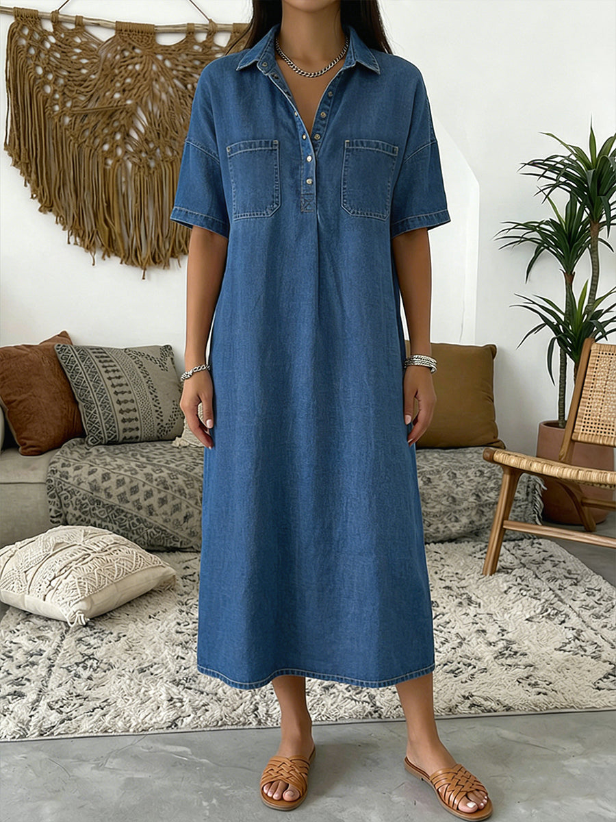 Casual short-sleeve midi shirt dress for women -1