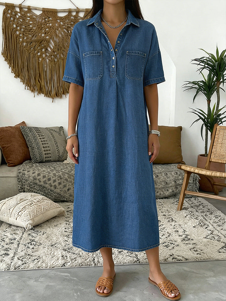 Casual short-sleeve midi shirt dress for women -1