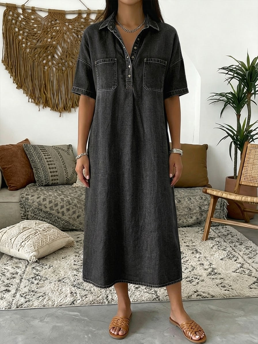 Casual short-sleeve midi shirt dress for women -2
