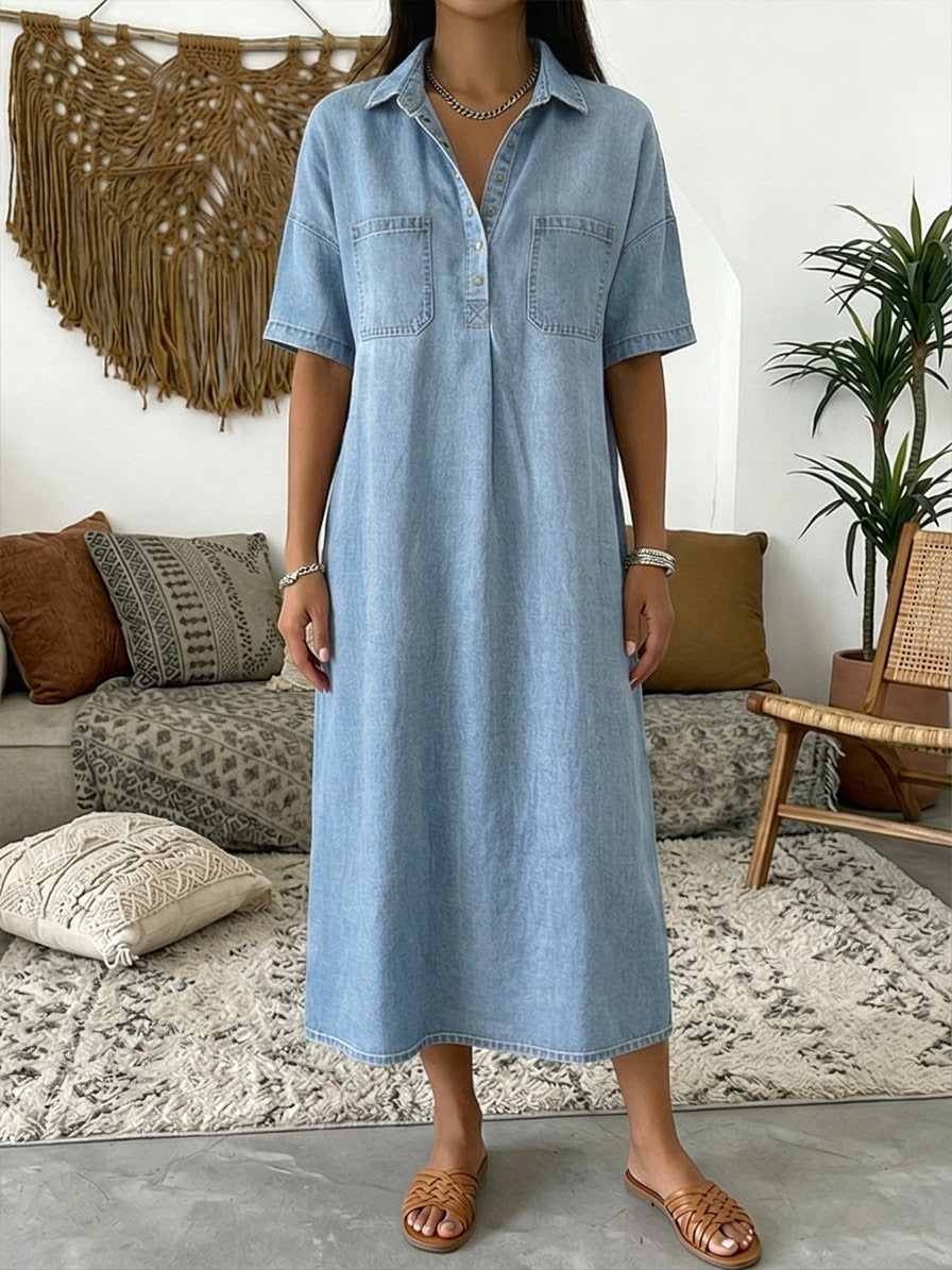 Casual short-sleeve midi shirt dress for women -3