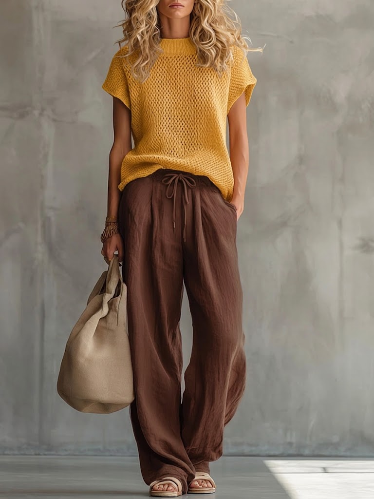 Camille | Women's Open Knit Top and Wide Leg Trousers Set