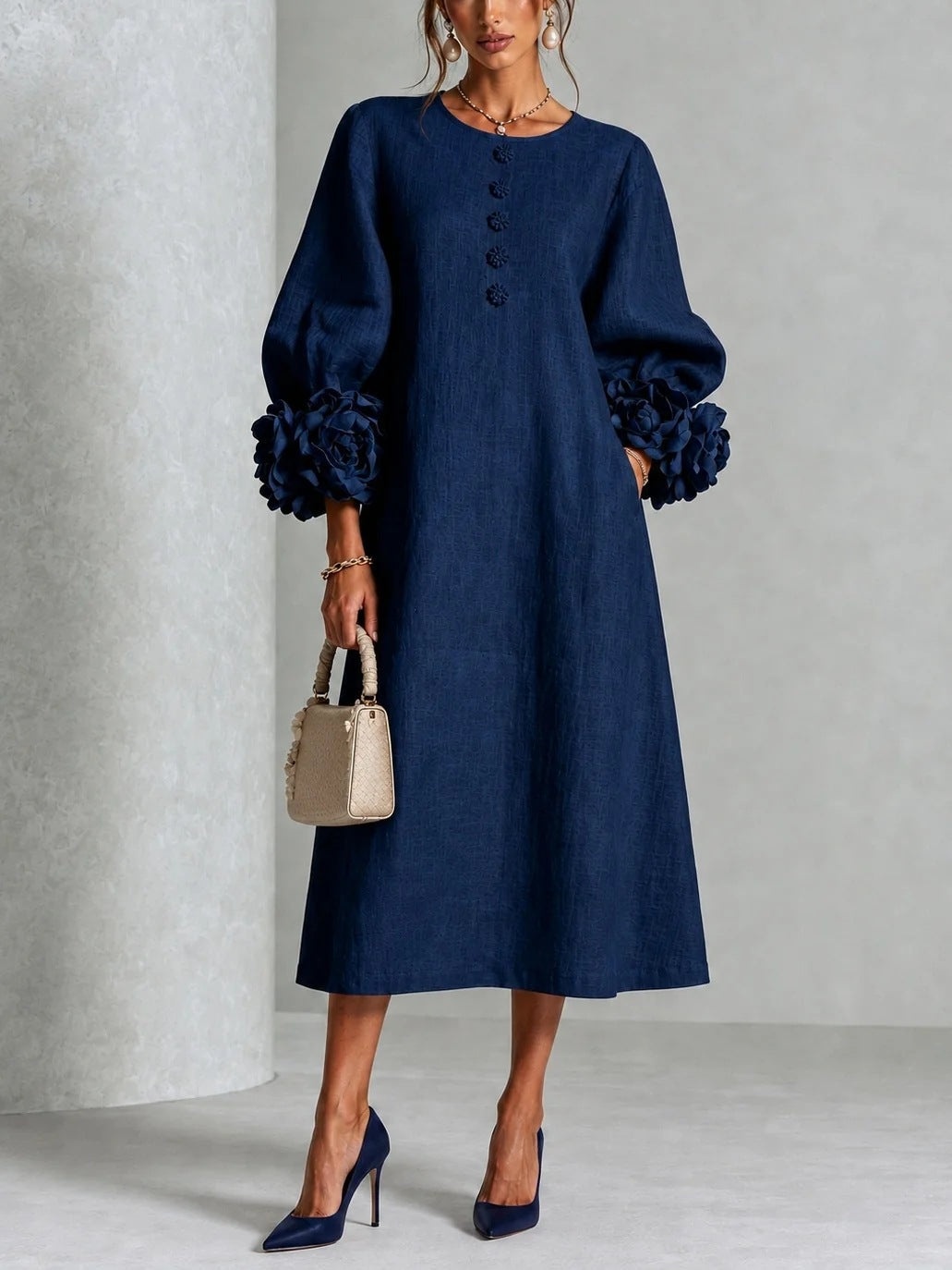 Rosavelle | Women's Flower Cuff Long Sleeve Midi Dress