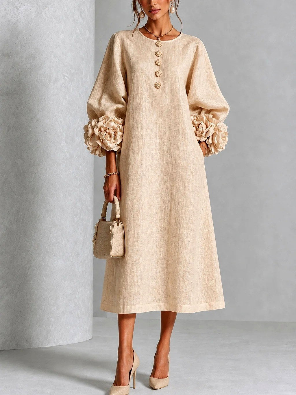 Rosavelle | Women's Flower Cuff Long Sleeve Midi Dress