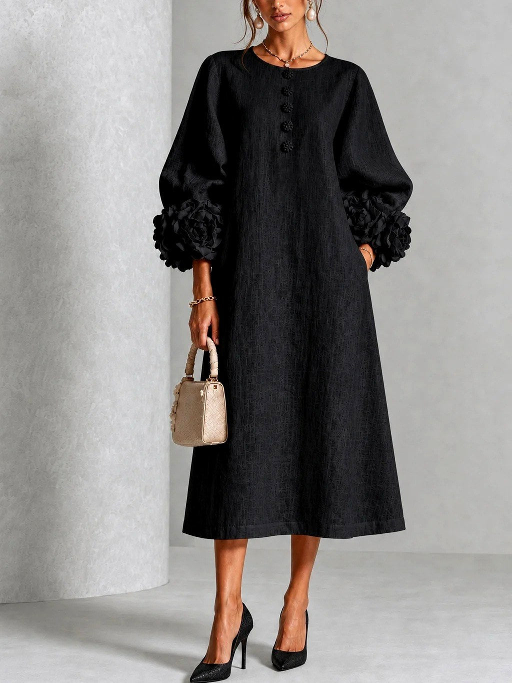 Rosavelle | Women's Flower Cuff Long Sleeve Midi Dress