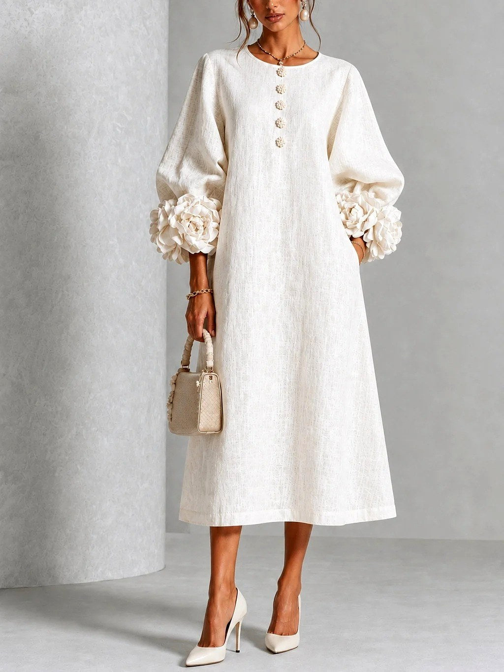 Rosavelle | Women's Flower Cuff Long Sleeve Midi Dress