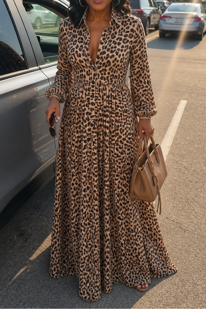 Elena | Women's Leopard Print Wrap Long Sleeve Maxi Dress