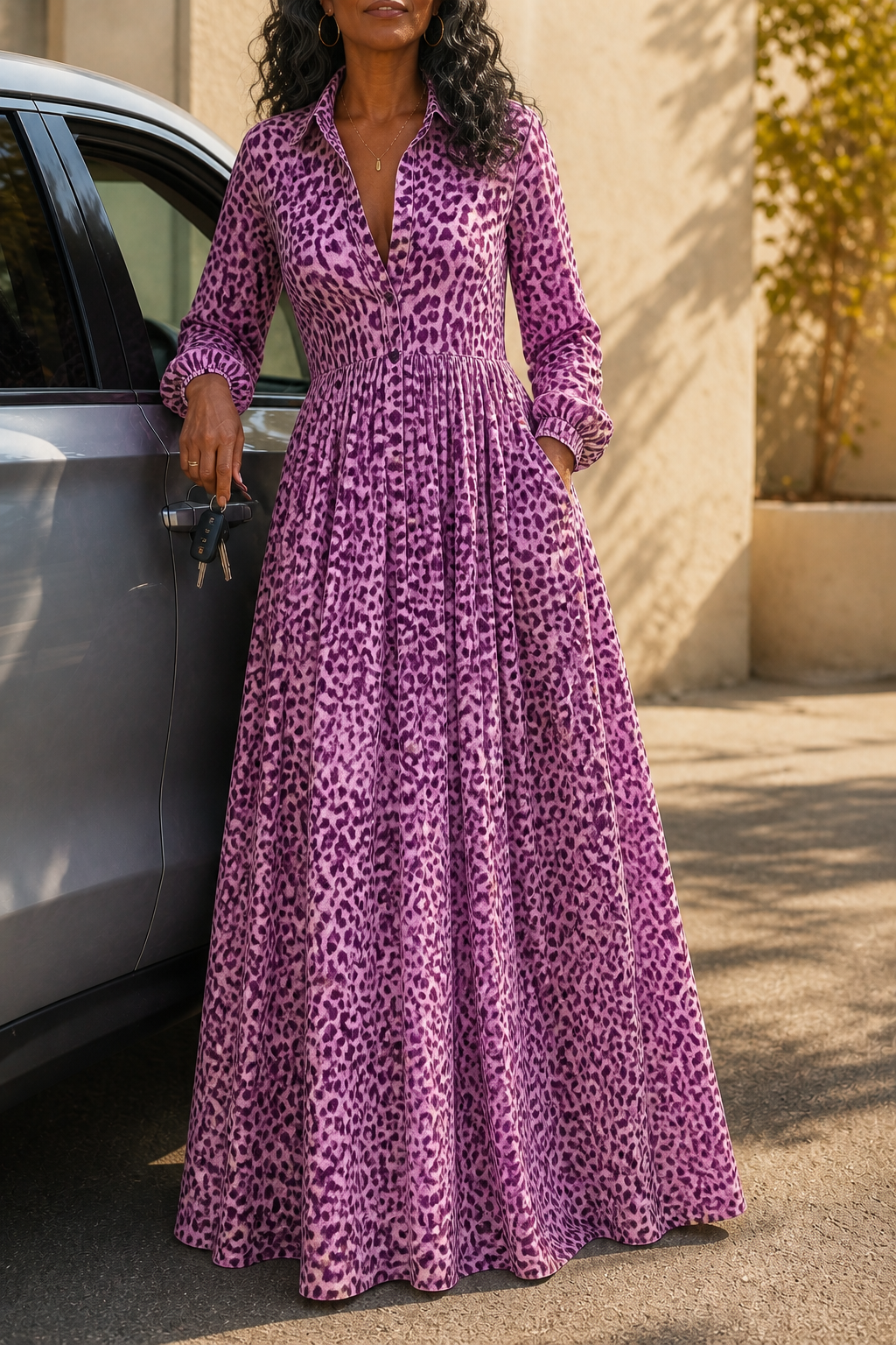 Elena | Women's Leopard Print Wrap Long Sleeve Maxi Dress