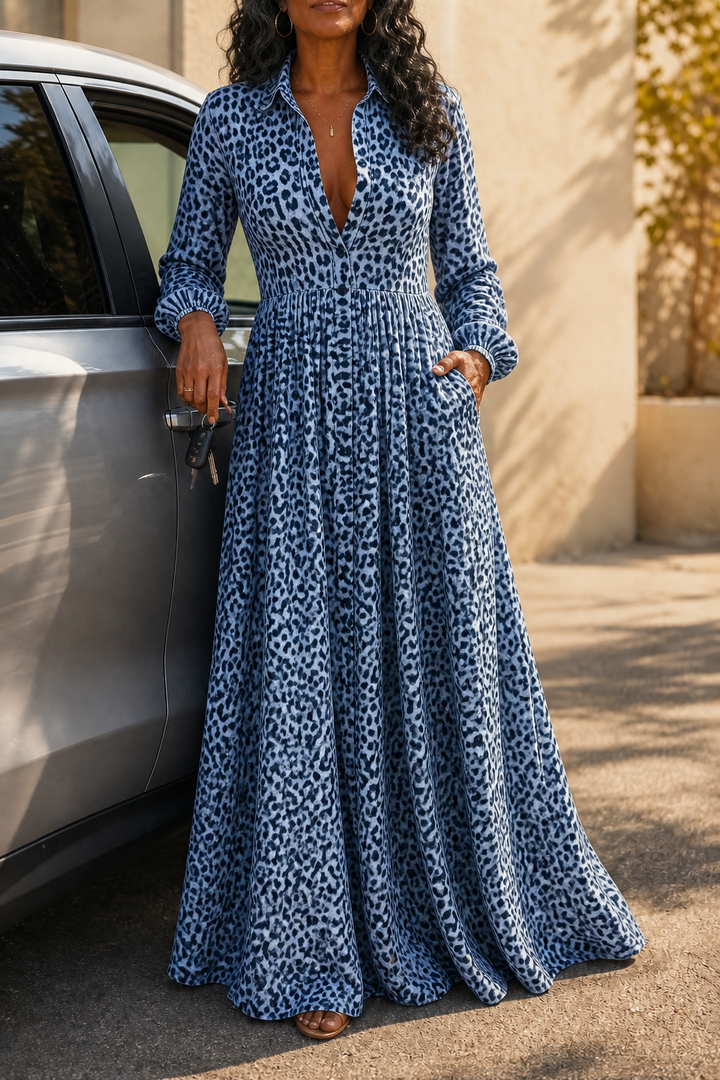 Elena | Women's Leopard Print Wrap Long Sleeve Maxi Dress