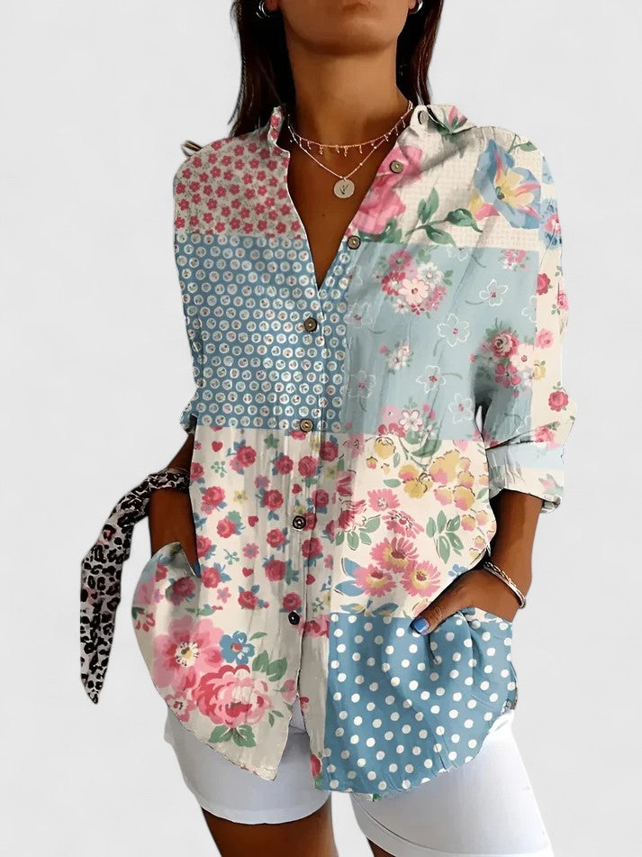 Lila | Women's Button Down Patchwork Shirt with Three Quarter Sleeves