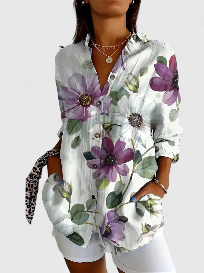 Lila | Women's Button Down Patchwork Shirt with Three Quarter Sleeves
