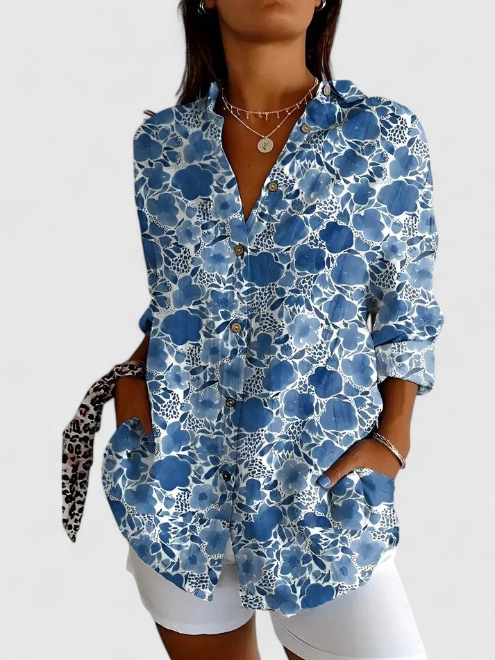 Lila | Women's Button Down Patchwork Shirt with Three Quarter Sleeves