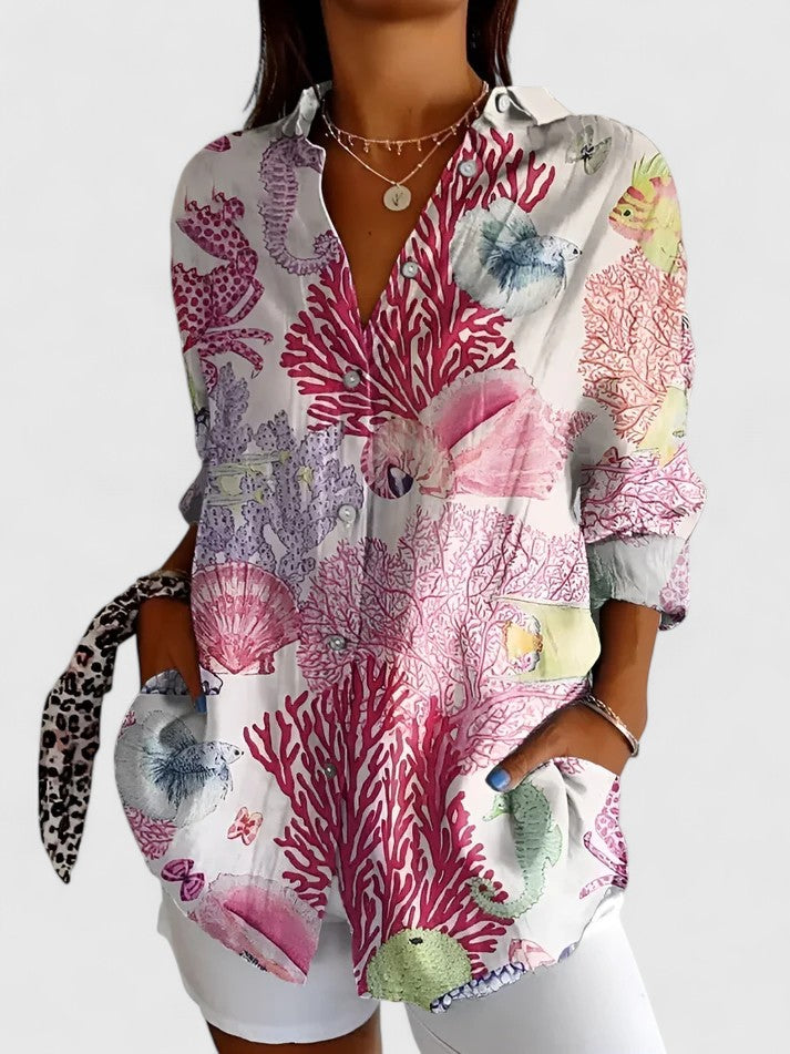 Lila | Women's Button Down Patchwork Shirt with Three Quarter Sleeves