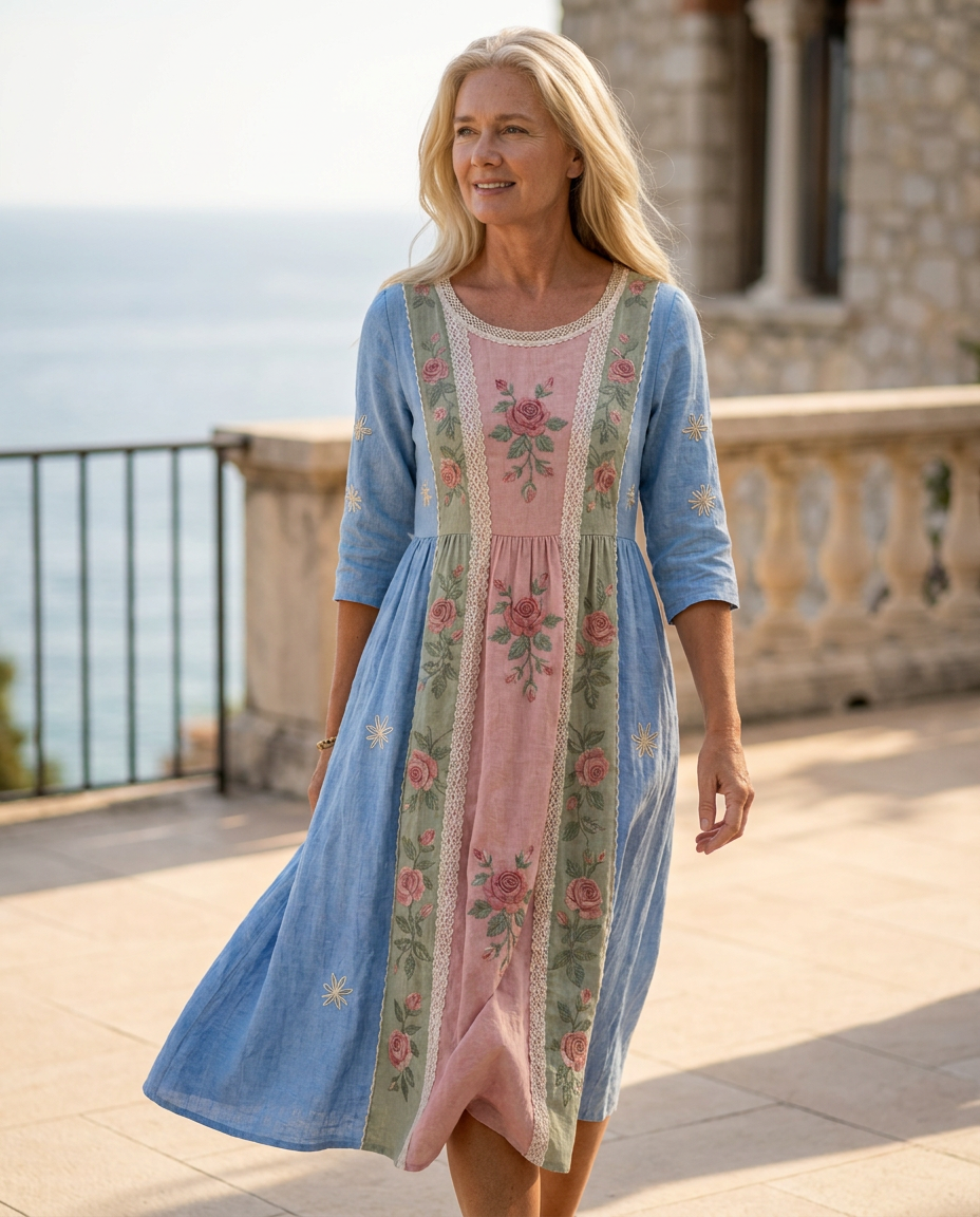 Rosavelle | Women's Patchwork Rose Midi Dress with Pockets