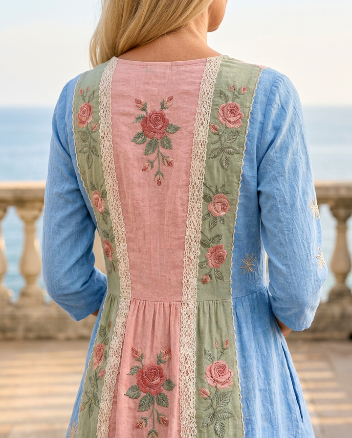 Rosavelle | Women's Patchwork Rose Midi Dress with Pockets