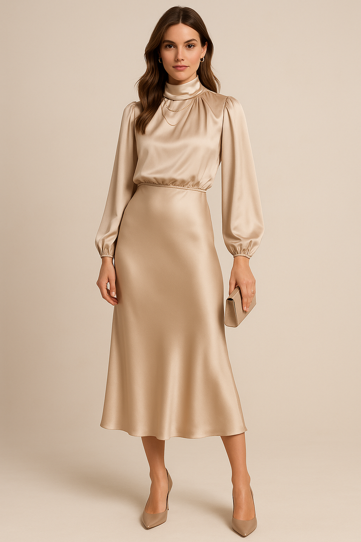 Selavine | Women's Satin High Neck Long Sleeve Midi Dress
